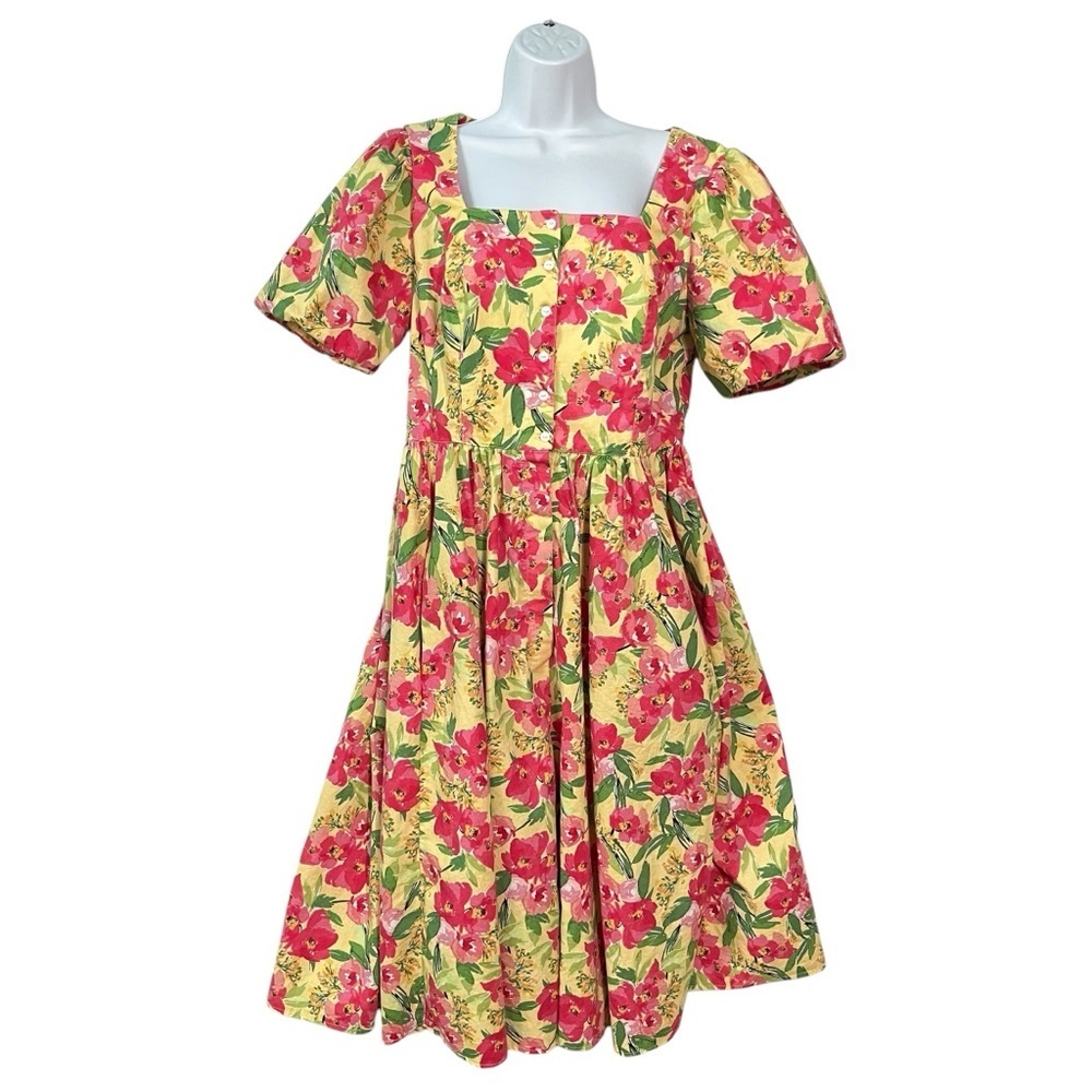 Recollections dress Medium Yellow pink floral Retro 50s womens 100% Cotton USA